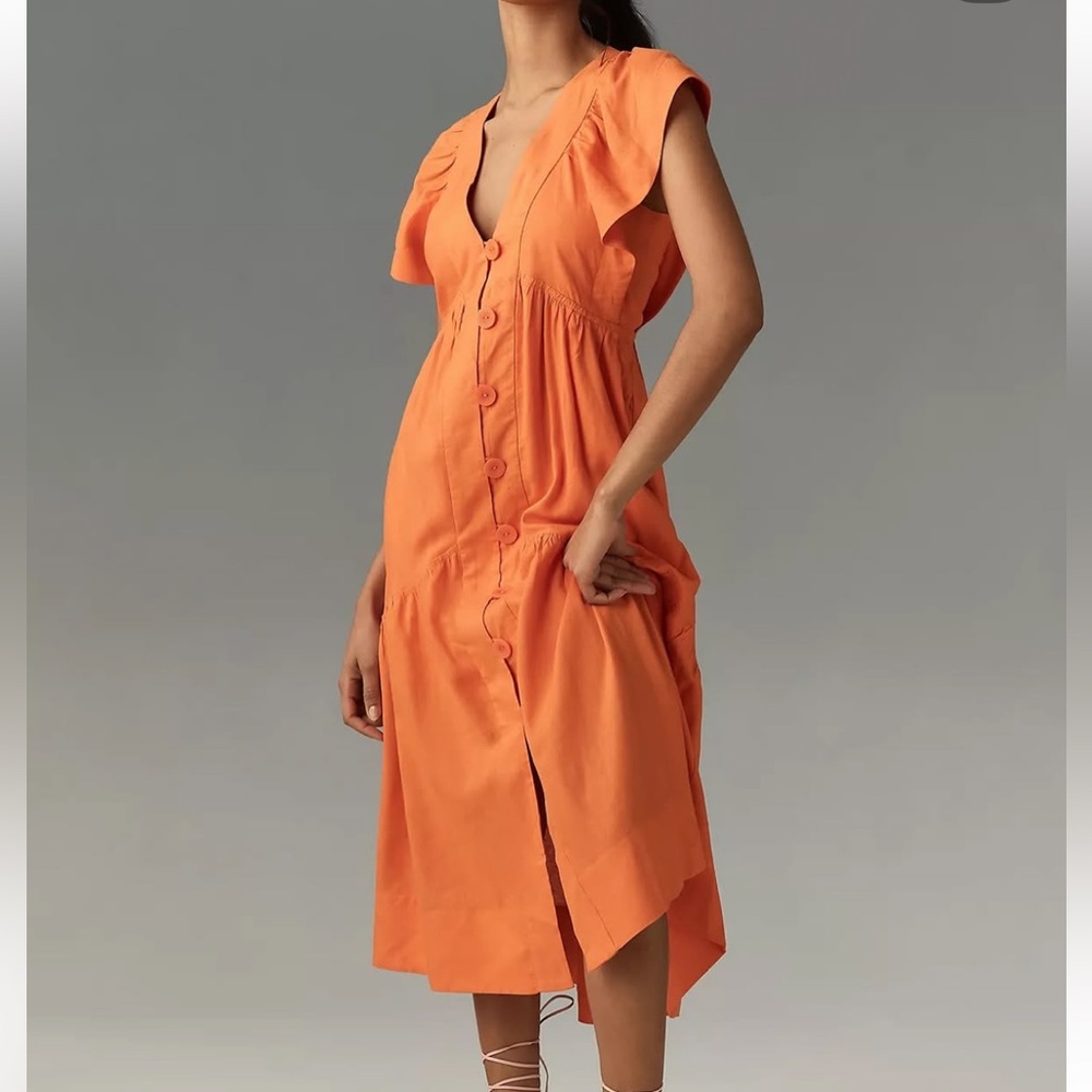 ANTHROPOLOGIE Flutter Sleeve Button Front Midi Dress Orange‎